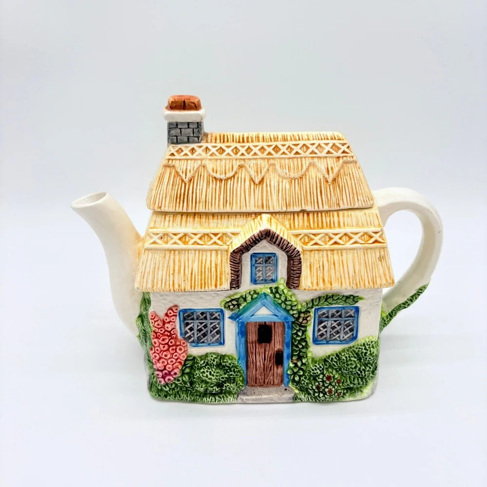 Vintage Cottagecore Thatched Roof House Teapot Ceramic English Country Decor